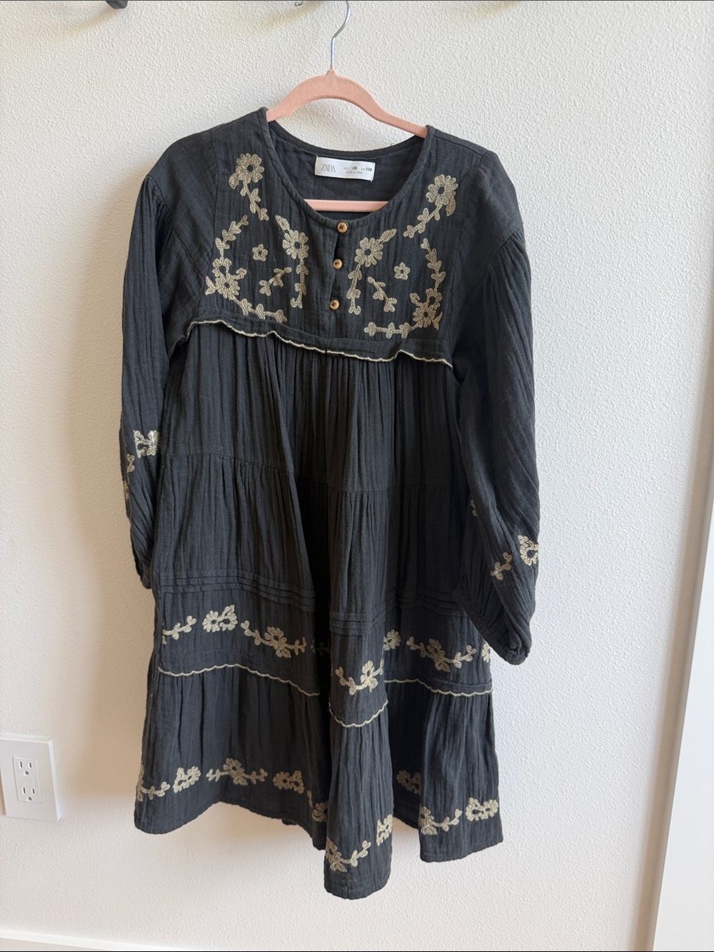 Zara Black Long-Sleeve Embroidered Tiered Dress
